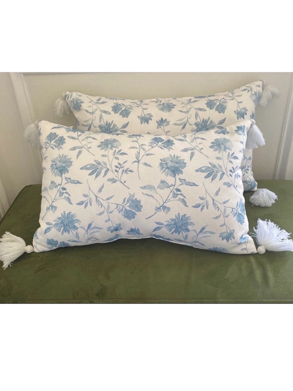Source Unknown Blue and White Floral Tassel Lumbar Pillow